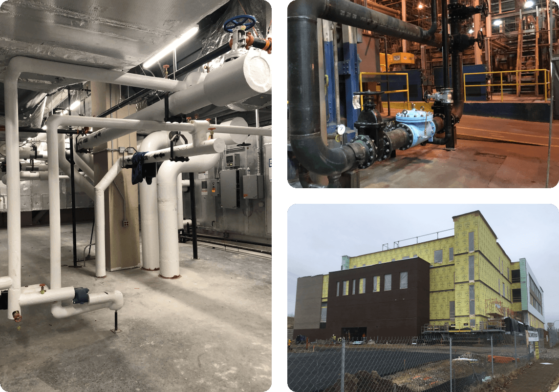 Left image: Industrial PVC piping, Top right image: Large pipe with valve and walkway in the background, Bottom right: Nearly completed construction site