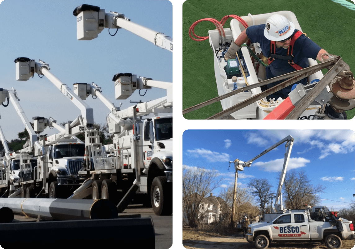 Left image: Parked armlift trucks, Top right image: BESCO worker working from an armlift, Bottom right image: Armlift truck servicing telephone pole